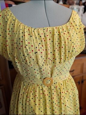 Handmade 1940's Silk Crepe De Chine Peasant Dress with Belt Yellow Polkadot